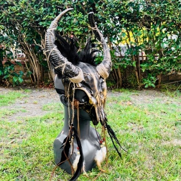 Gold Animal Skull OX Horned Feather Masquerade Halloween Cosplay Costume Mask - Picture 8 of 8